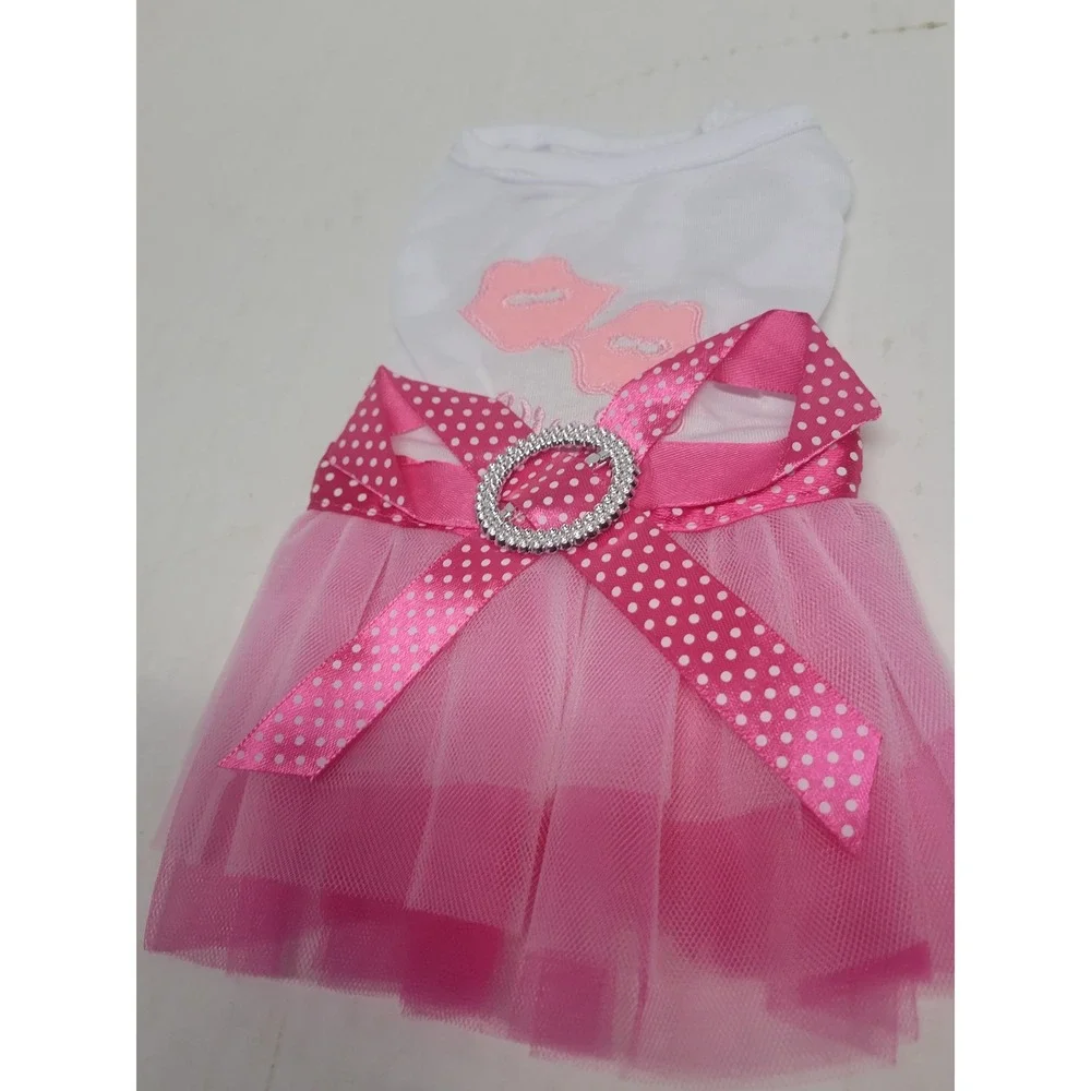 Pink Polka Dot Bow Tulle Tutu‎ Pet Dress White Lip Embroidery Rhinestone Small